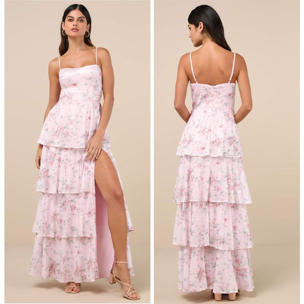 Lulus Flourishing Shine Light Pink Floral Sequin Tiered Maxi Dress Size Large
